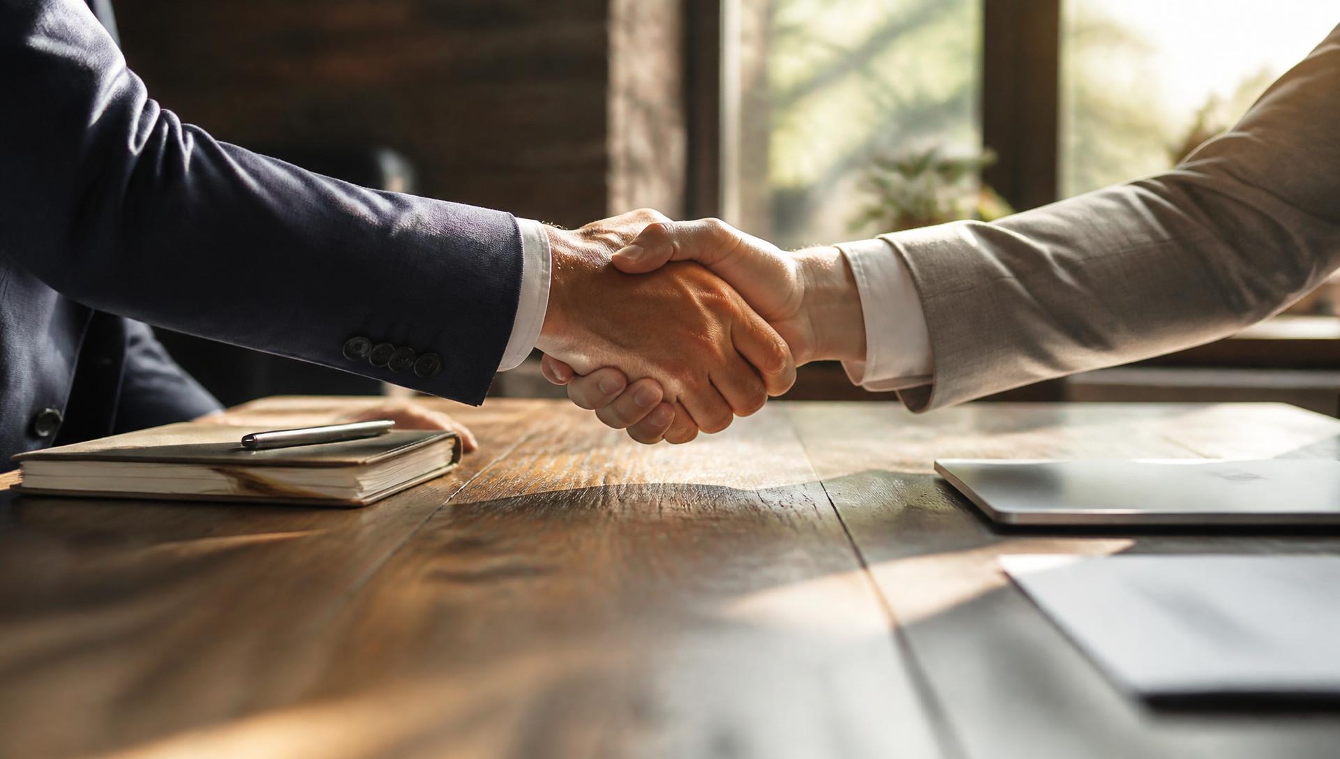 Two business owners shaking hands over a long-term business acquisition agreement